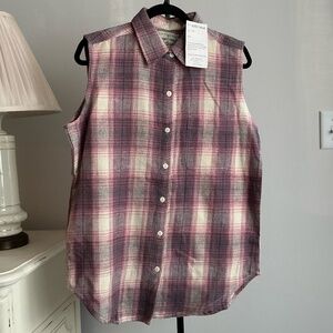 Vintage 1980s Women's Sleeveless Flannel Shirt, NWT, Pink/gray/cream plaid